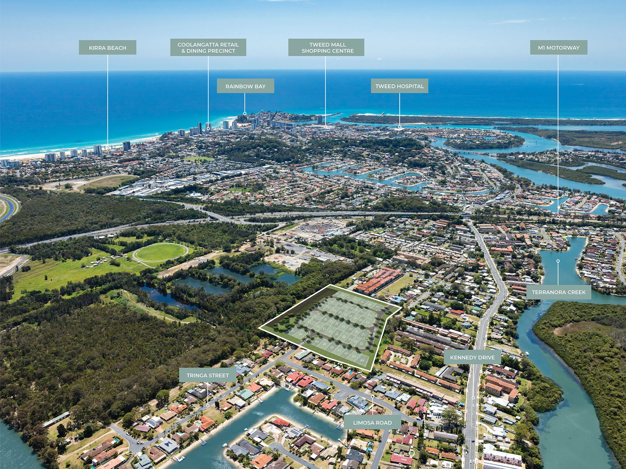 Aerial view of Sandpiper's location in Tweed Heads