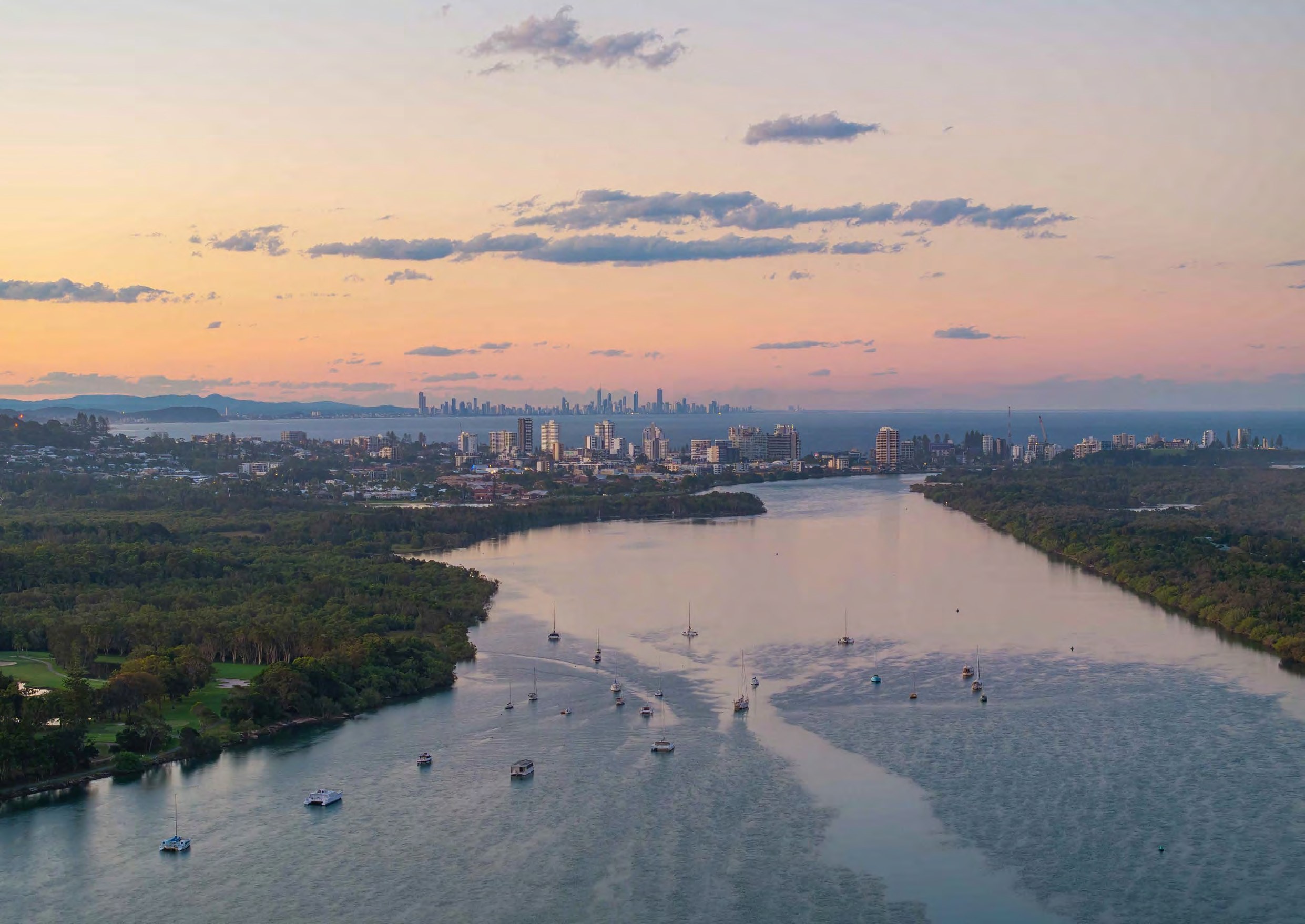 Sunset over the Tweed River with the Gold Coast skyline